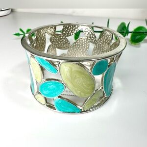 🩵New York & Co. Silver Tone Hinged Bracelet with Swirly Blue and Green Enamel